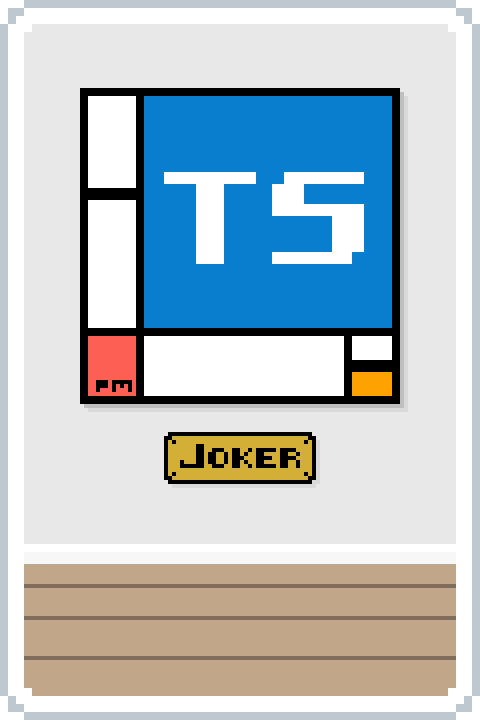 A playing card in the style of the game Balatro illustrating the painting 'Composition 2' by Piet Mondriaan hanging in a gallery but the painting has 'TS' written on it