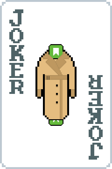 A playing card in the style of the game Balatro illustrating a brown trenchcoat with two Jira Subtask icons hidden inside of it